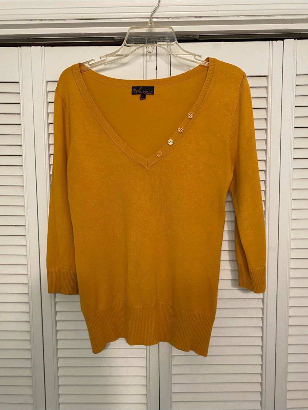 Takeout Golden Mustard V-Neck Sweater with Button Accent
